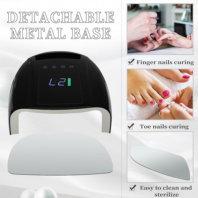 96W Rechargeable UV Nail Lamp, Cordless UV Light for Nails with LCD Display Auto Sensor, 4 Timer Setting and Smart Sensor Portable Nail Dryer, Nail Curing Light with Removable Bottom (Black)