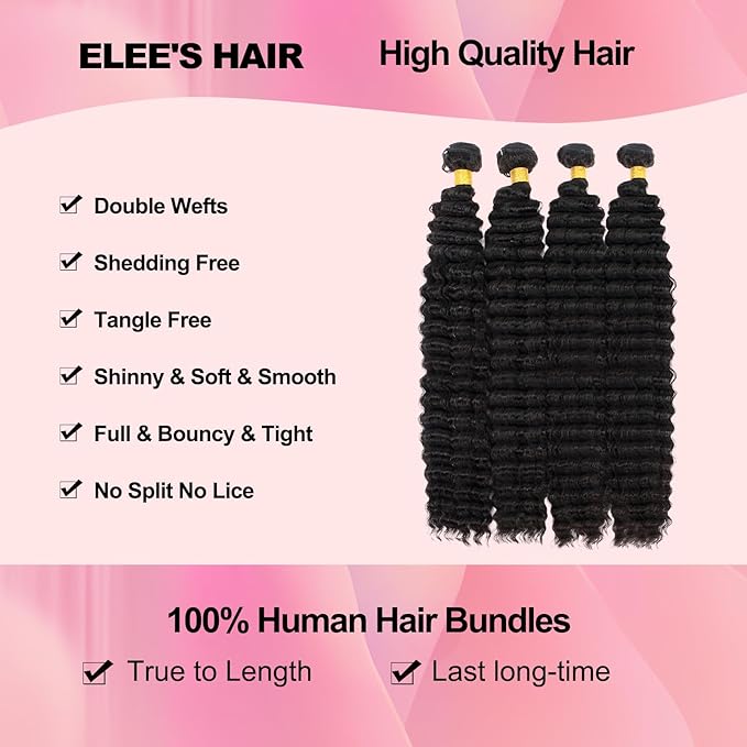 Brazilian Virgin Hair Deep Wave 4 Bundles 12A Brazilian Remy Virgin Deep Curly Human Hair Bundles 100% Unprocessed Virgin Remy Human Hair Weave Bundles Natural Black (18 20 22 24)