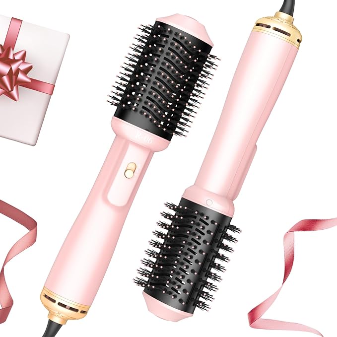 Hair Dryer Brush Blow Dryer Brush in One, 4 in 1 Hair Dryer and Styler Volumizer with Oval Barrel, Professional Salon Hot Air Brush for All Hair Types, Bright Pink