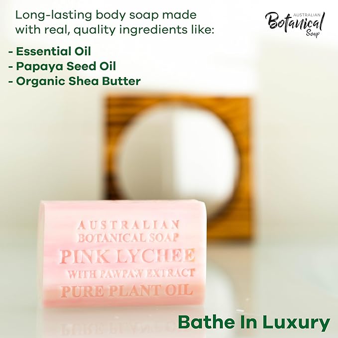Australian Botanical Soap Pink Lychee with Pawpaw Extract 6.6 oz Triple Milled Luxury Soap Bar Enriched with Shea Butter, Sutiable for Men, Women and All Skin Types, Pack of 1