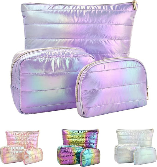 Hiroyuki 3pcs Iridescent Quilted Makeup Bag (plain, purple)