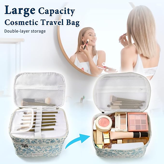 Cute Makeup Bag for Women(3 Pcs), Quilted Floral Coquette Aesthetic Make up Bags, Travel Cosmetic Bags Toiletry Organizer Bag (16 - Light Blue)