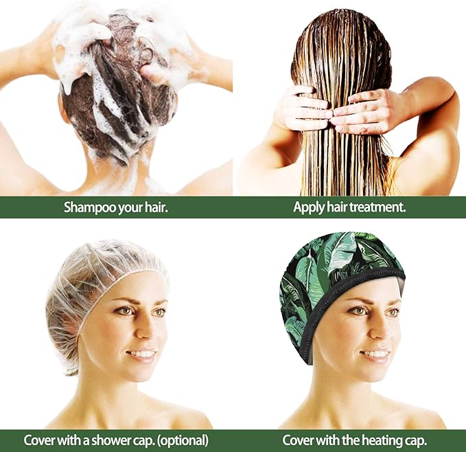 VICARKO Hair Steamer Thermal Heat Cap Deep Conditioning Natural Black Hair Scalp Treatment Spa Hot Head Care Electric for Home Use Leaf Print