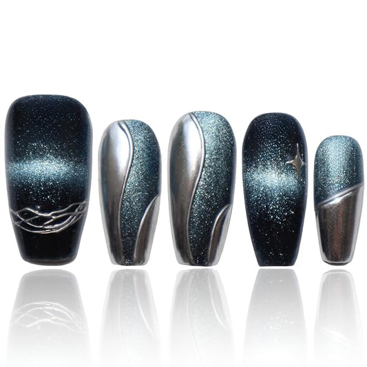 Handmade Press On Nails, Cats Eye Press On Nails, Blue Nails, Coffin Press On Nails, Medium Press On Nails, Nailphoria Press Ons, Acrylic Nail Press Ons, Women Gifts, COOLYOUNG Nails, 10 PCS, Size S