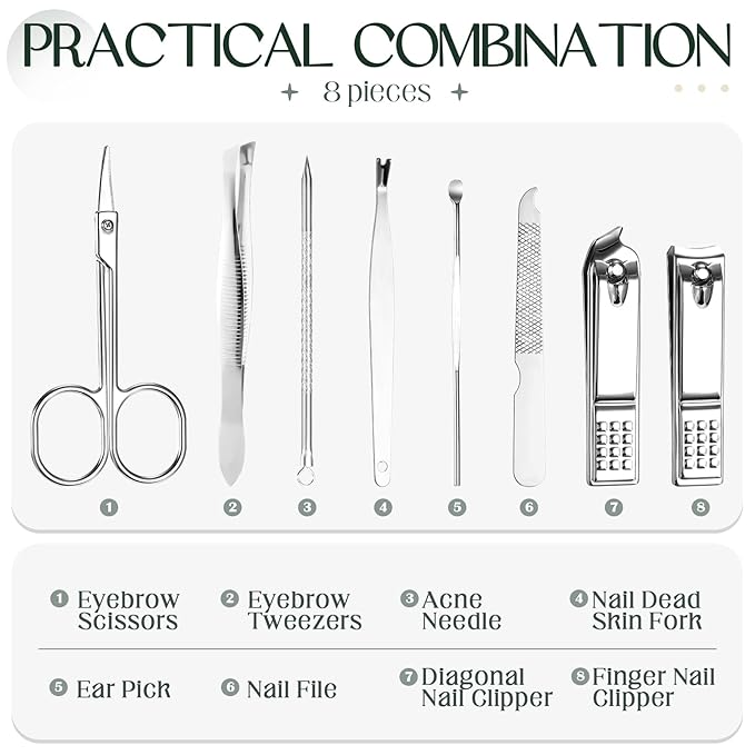 Lasnten 24 Set Manicure Set Bulk Nail Clippers Grooming Nail Kit Stainless Steel Professional Pedicure Kit Pedicure Tools with Travel Case Gifts for Men Women Personal(8 in 1,Dark Green)