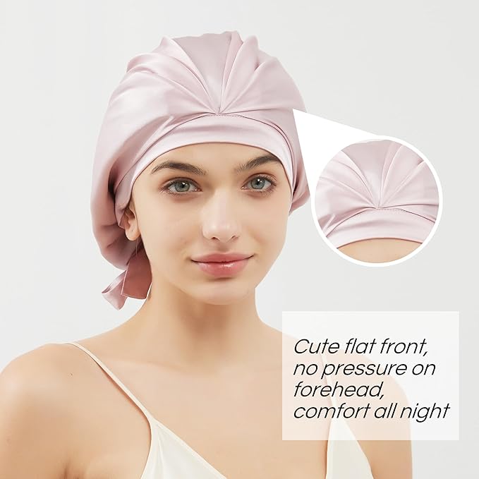 RachelSilk 100% Mulberry Silk Sleep Cap, Grade 6A 19 Momme Silk for Women Hair Care, Night Bonnet with Elastic Stay On Head, Sleep Cap After Shower, for Small -Medium Head Size (Pale Pink)
