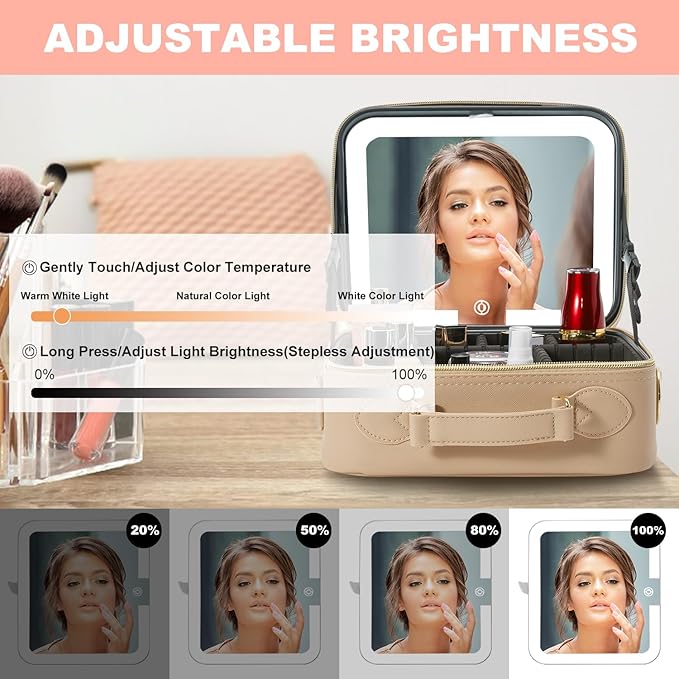 Mocado Travel Makeup Bag with LED Lighted Mirror,Travel Makeup Organizer,Makeup Case with 3 Color Lighted Setting and 10x Magnifying Mirror,Portable Storage and Adjustable Dividers Makeup Box(Khaki)