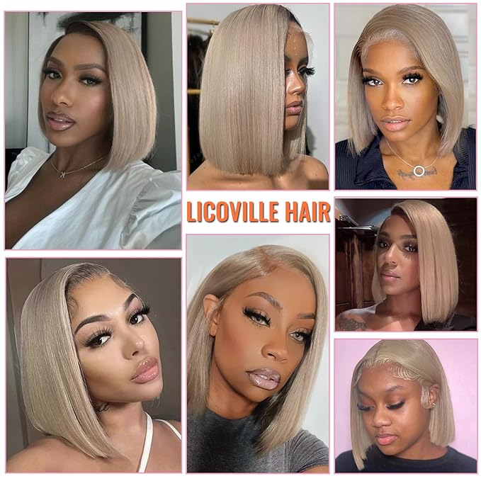 Ash Blonde Bob Human Hair Lace Front Wig Pre Plucked 13x6 Wear and Go HD Transparent Short Straight Blunt Cut Bob Ash Blonde Lace Front Wigs for Black Women 180% Density 10 Inch with Thick Ends