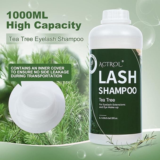 Eyelash Extension Cleanser Tea Tree 1L Natural Lash Extension Shampoo Professional Eyelid Foaming Cleanser Paraben & Sulfate Free Non-lrritating with Salon and Home Care