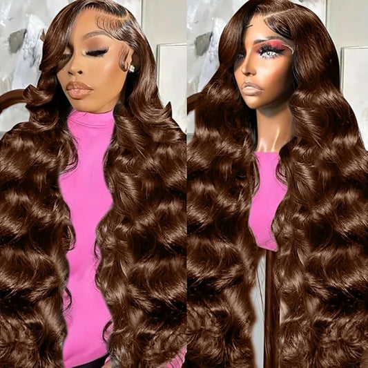 30 Inch 13x6 Chocolate Brown Lace Front Wig Human Hair 200 Density HD Transparent Body Wave Lace Front Wigs Human Hair Pre Plucked Glueless Frontal Brown Wig Human Hair Color #4