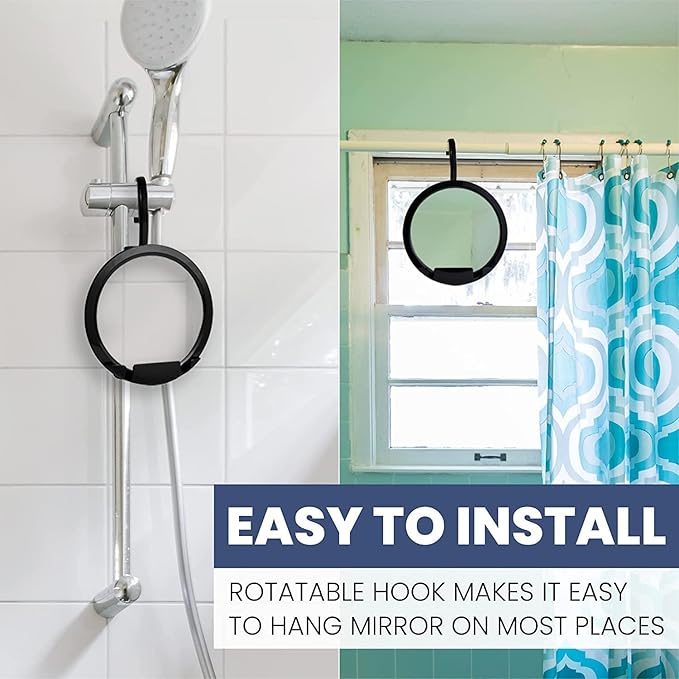 MIRRORVANA Dual Anti Fog Shower Mirror for Shaving with Hook for Hanging and Fogless Shatterproof Surface - Fill Back Chamber/Reservoir with Hot Water for Fog Free Shave (8" Diameter, Black)