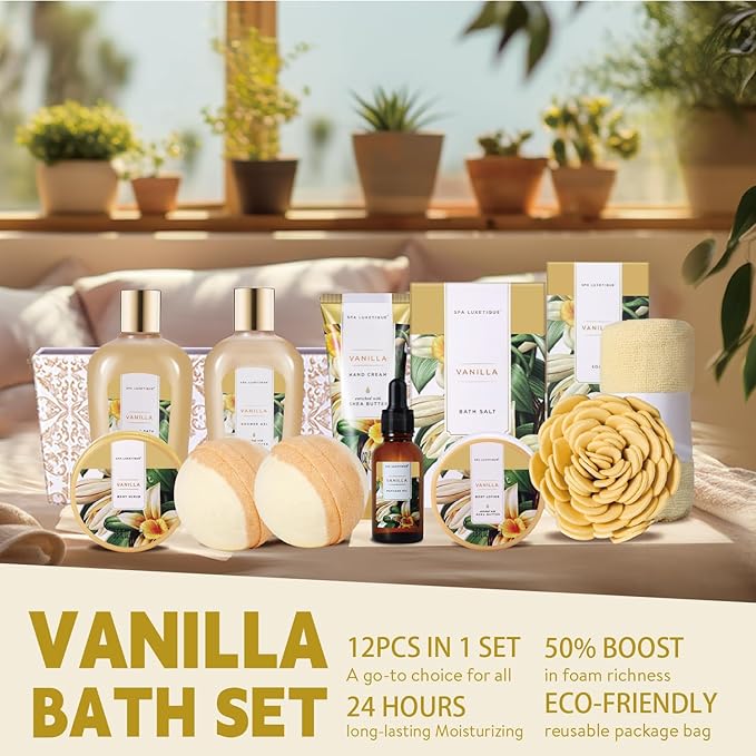 Spa Gift Baskets for Women, Spa Luxetique Spa Gifts for Women, Birthday Gifts for Women, 12pc Vanilla Bath Gift Set, Self Care Gifts for Women, Spa Kit for Women