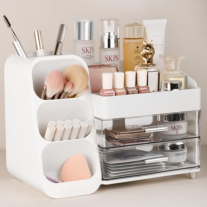Anyoifax Makeup Organizer with Drawers Vanity Organizer Countertop with Brush Holder Large Perfume Organizer for Dresser Skin Care and Lotion Storage for Nail Polish, Lipsitck, Palettes, White