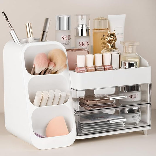 Anyoifax Makeup Organizer with Drawers Vanity Organizer Countertop with Brush Holder Large Perfume Organizer for Dresser Skin Care and Lotion Storage for Nail Polish, Lipsitck, Palettes, White