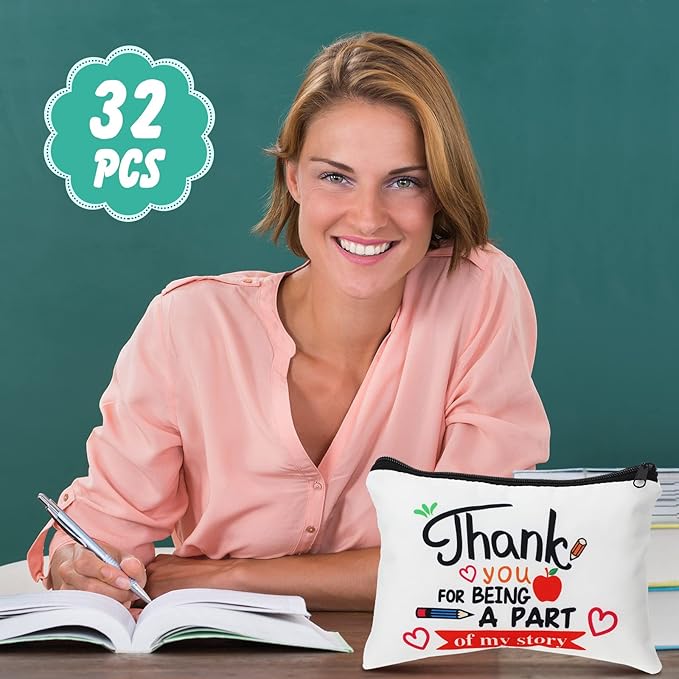 Hillban 32 Pieces Teacher Gifts Teacher Appreciation Gifts Women Cosmetic Makeup Bag Funny Pencil Pouch for Graduation Birthday Christmas(Cute)