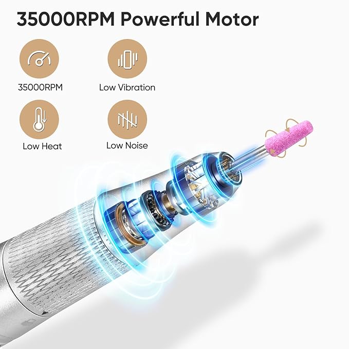 35000RPM Diamond Electric Nail Drill, High Tech Acrylic Fast Removal Cordless Nail Drill with 6 Bits & Sanding Bands for Salon & Home DIY