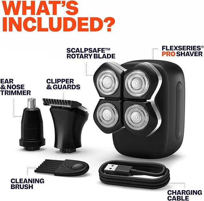 FlexSeries Pro Electric Head & Body Shaver - Mens Cordless Rechargeable Wet/Dry Skull Bald Head Back & Groin Waterproof Razor with Rotary Blades, Clippers, Nose Trimmer, Brush, Massager