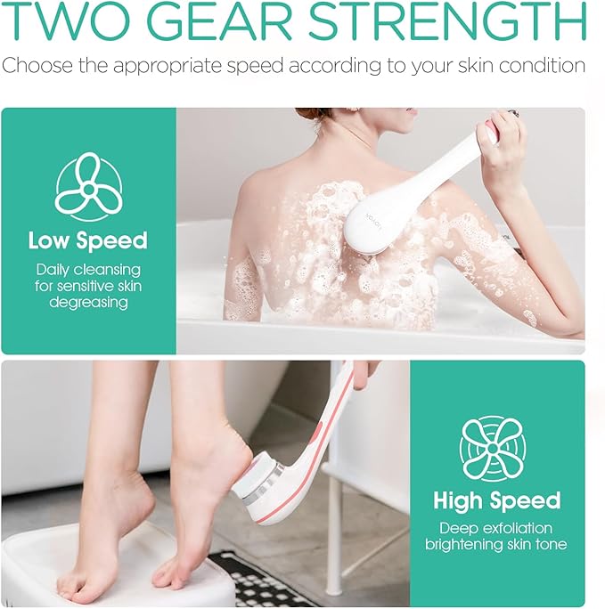 VOYOR Electric Body Brush Back Scrubber for Shower Rechargeable Exfoliating Bath Brush Powered Shower Brush with Non-Slip Long Handle Deep Cleansing, Exfoliation, Massaging Spin Brush BC100 (Pink)