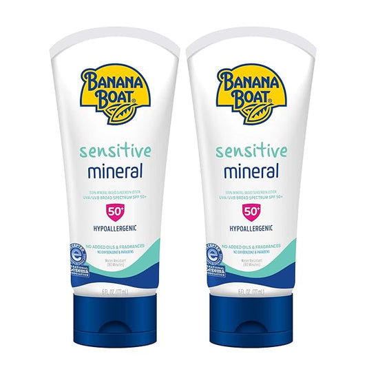 Banana Boat Sensitive 100% Mineral Sunscreen Lotion SPF 50 Twin Pack | Body Sunscreen, Sensitive Skin Sunblock, Oxybenzone Free Sunscreen, Banana Boat Mineral Sunscreen SPF 50, 6oz each