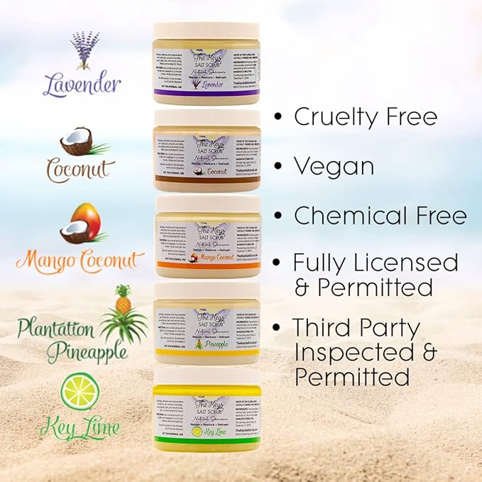 The Keys Sea Salt Body Scrub - Exfoliating With Wooden Spoon for Men, Women - Foot and Hand Scrub Made With Pure Florida Sea Salt, Organic Essential Oils & Nutrients (Key Lime, 3.4 oz)