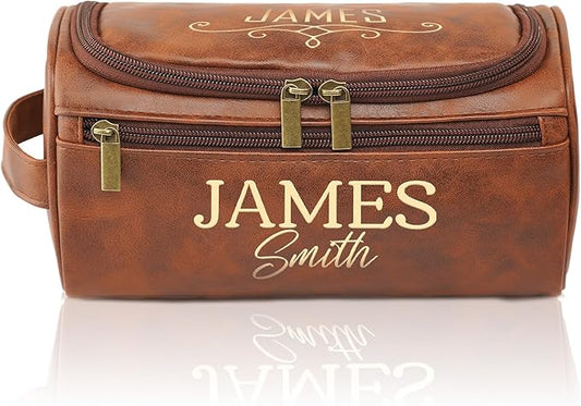 Personalized Toiletry Bag for Men, Dad, Custom Engraved with Pattern and Text Leather Travel Dopp Kit, Handcrafted Travel Gifts For Birthday, Christmas, Anniversary, Father's Day