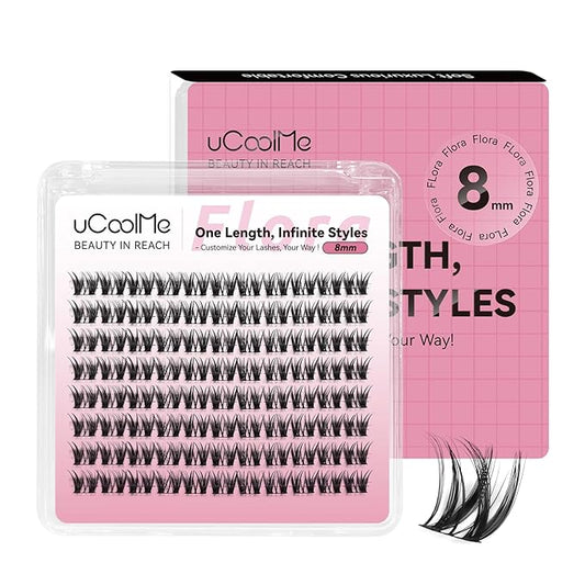 Flora Lash Clusters One Length 8mm D Curl Individual Lashes Eyelash Clusters DIY Eyelash Extension 0.05mm Ultra-Thin Black Lash Band(Flora,Only 8mm)