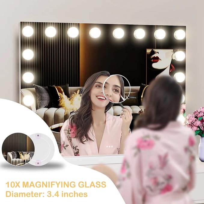 22.8 x 18.2 Vanity Makeup Mirror with Lights, 10X Magnification,Large Hollywood Lighted Vanity Mirror with 15 Dimmable LED Bulbs, USB Charger Port, Tabletop or Wall-Mounted White