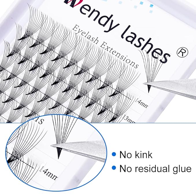 Volume Lash Extensions 10D Premade Fans Eyelash Extensions 0.07mm Thickness C/D Curl Short Stem Premade Volume Eyelash Extensions Pointed Base Fans by WENDY LASHES(10D-0.07-D, 8-14mm Mixed Tray)