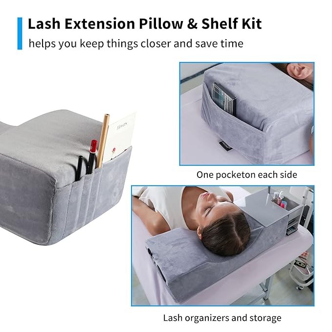 Eyelash Extension Neck Pillow With Acrylic Shelf Organizer Stand, Velvet Warm Lash Extension Grafting Pillow Makeup Tool Display Cabinet Shelves - Grey Shelf + Grey Pillow(Velvet Pillowcase Updated)