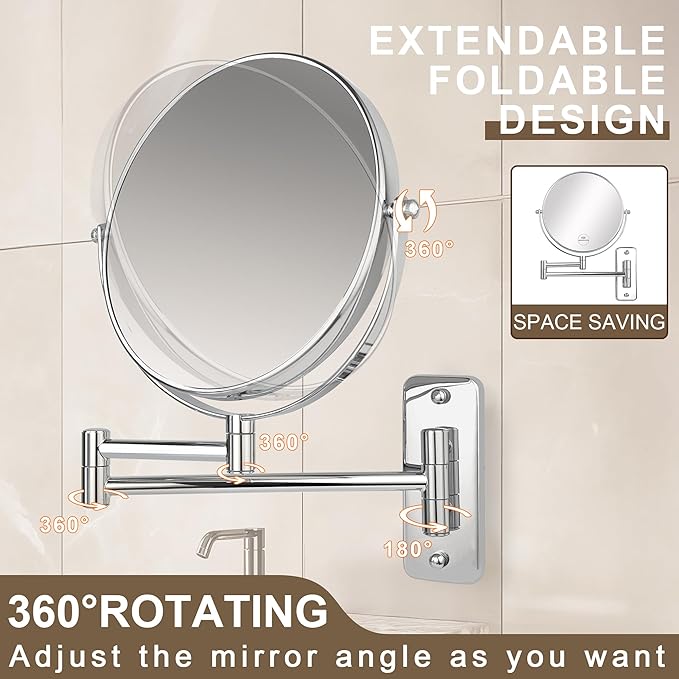 JANEEVA 8" Wall Mounted Makeup Mirror, 1X/10X Magnifying Mirror with 360° Extendable Arm Mirror for Bathroom-Double Sided Vanity Mirror for Man & Woman(Chrome)