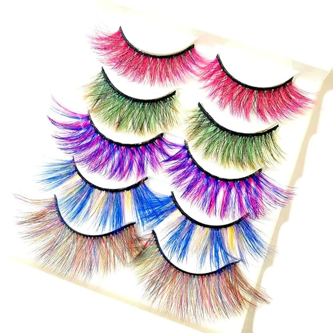 Sunniess Ombre Colored Lashes Silk Protein Fluffy Wispy Volume Fake Lashes for Halloweens Cosplay Party Stage Russian D Curl Lashes with Color Make up Faux Mink False Eyelashes