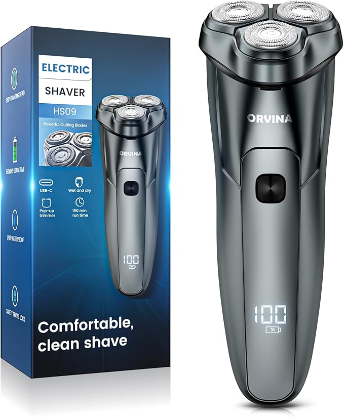 Electric Razor for Men Face, ORVINA Electric Shavers for Men, Portable Rechargeable Waterproof Rotary Shaver with Pop-up Trimmer, LED Display and Travel Lock for Beard Trimming (Silver)