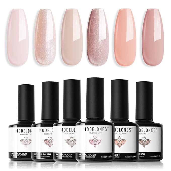 modelones Gel Nail Polish Set, 6 Colors Neutral Nude Gel Polish Skin Tone Cashmere Pink Glitter Nail Polish Bubble Bath Collection Starter Kit Soak Off All Season Soapnails Manicure DIY Salon Gift