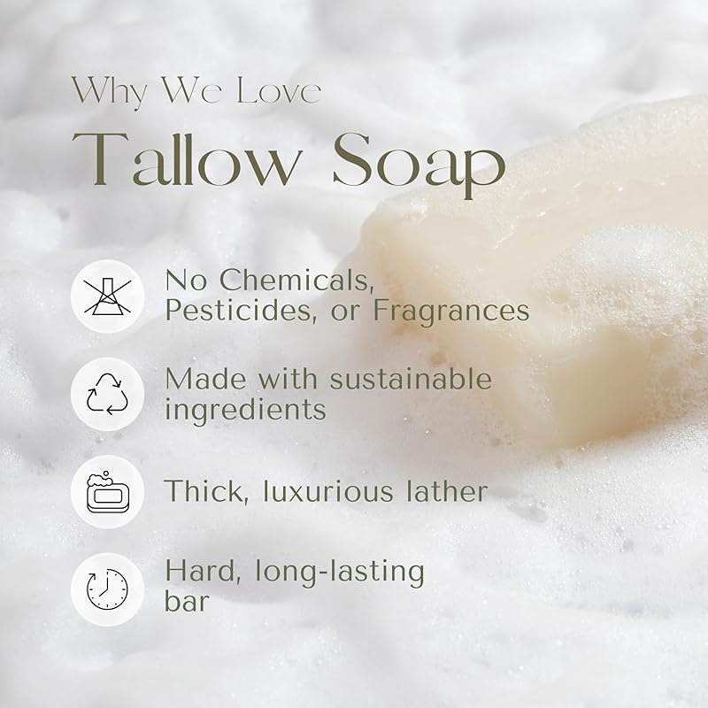 Handmade Grass-Fed Tallow Soap Bars, Fragrance-free, All Natural, perfect for sensitive skin