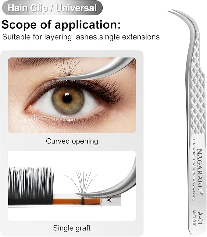 NAGARAKU Eyelash Extension Tweezers Diamond Grip with Pattern on tip Precision Durable Curved Professional for Classic Lash Fanning Volume (A-01)