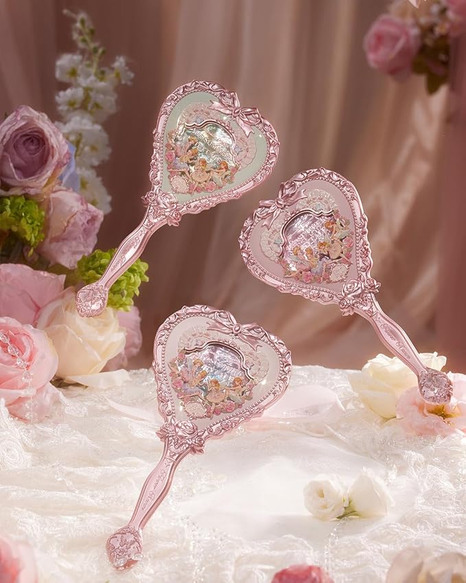 Flower Knows Midsummer Fairytales Hand Mirror,Portable Vintage Handheld Mirror,Durable Metal Mirror,Cute & Aesthetic Princess Mirror,with Long Handle for Easy Holding,Gift for Girls(Tea Menthe)