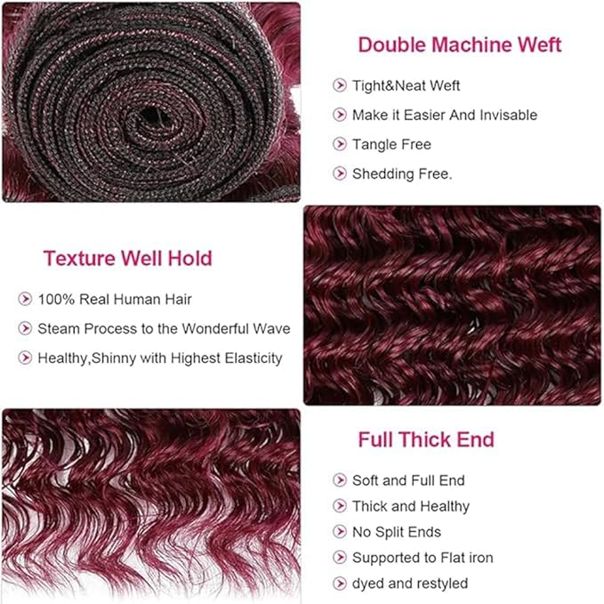 Burgundy Deep Wave Bundles Human Hair Color 99j Loose Deep Wave Bundles 8a Grade Double Weft Brazilian Human Hair Soft and Silky for Black Women 12 14 16 Inch