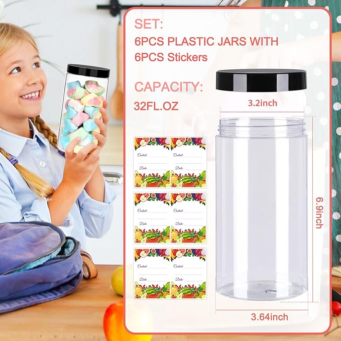 Plastic Jars with Lids 32 oz 6Pack,Empty Clear Plastic Jars with Lids for Storage, Round Leakproof Containers for Nuts,Cookies,Dried Fruit,Small Snacks(32fl.oz,set of 6)