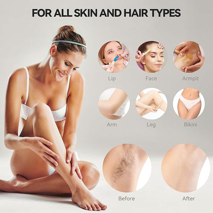 Waxing Kit for Women Men, Digital Wax Kit with Silicone Bowl & 4 Bags Hard Wax Beads, Portable Wax Warmer for Sensitive Skin Full Body Hair Removal, Brazilian Bikini, Eyebrow, Face (Pink)