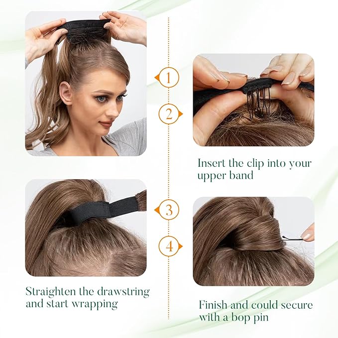 Easyouth Ponytail Extensions - Wrap Around Human Hair Ponytail - Ash Brown Highlights & Bleach Blonde - 16Inch 80g Silky Clip in Pony Tails