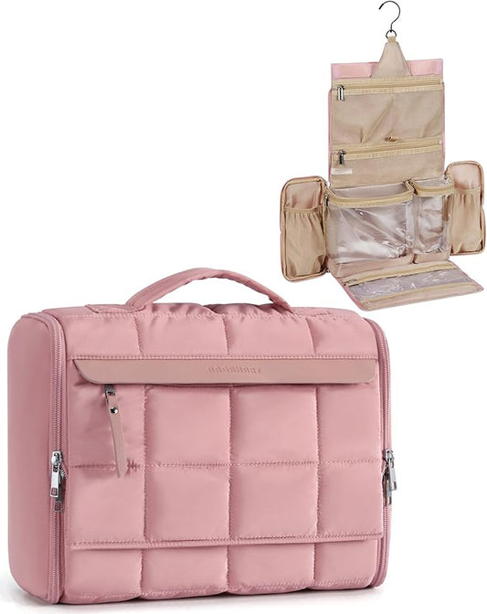 BAGSMART Travel Toiletry Bag, Extra Large Full-open Hanging Toiletry Bag for Women, Puffy Cosmetic Makeup Bag Organizer with Handle for Accessories, Essentials, Toiletries (Dark Pink)