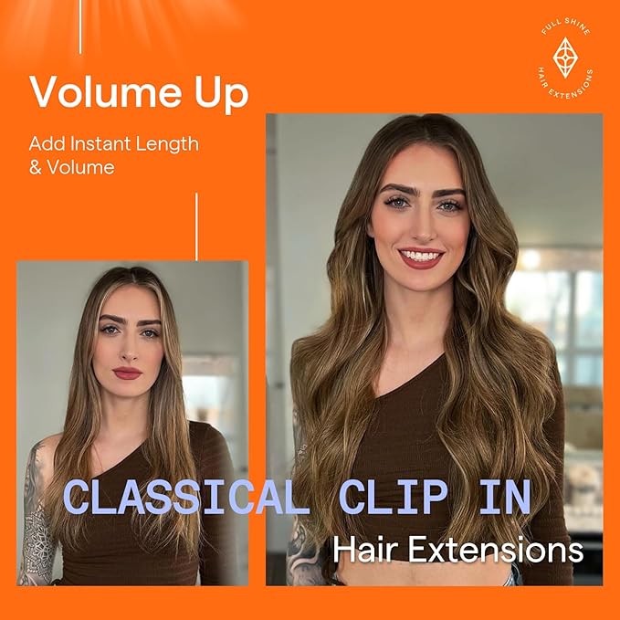 Full Shine Brown Hair Extensions Clip in Human Hair 22 Inch Dark Brown Ombre Caramel Blonde Hair Clip in Extensions Invisible Brazilian Hairpiece for Women 7 Pcs 120 G