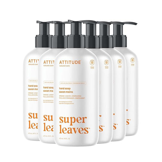 ATTITUDE Liquid Hand Soap, EWG Verified, Plant and Mineral-Based, Vegan Personal Care Products, Orange Leaves, 16 Fl Oz (Pack of 6)
