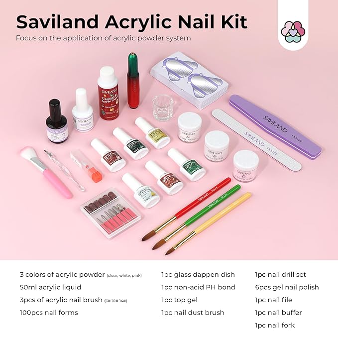 SAVILAND Christmas Acrylic Nail Kit Gift Set: Clear White Pink Acrylic Powder with Nail Drill 50ml Liquid 6 Color Winter Spring Gel Nail Polish Brush for Extension Carving