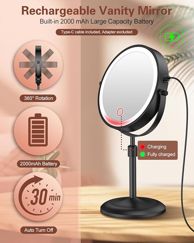 Benbilry Lighted Makeup Mirror with 10X Magnification & 3 Color Lights, Adjustable Brightness & Height, 7 Inch 360° Swivel Rechargeable LED Magnifying Make Up Mirror with Lighting (Black)