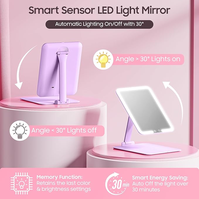 Benbilry Foldable Travel Makeup Mirror with Lights and 20X Magnification, Rechargeable Tabletop LED Vanity Mirror with Adjustable Stand, 3-Colored Dimmable Lighting, Portable Cosmetic Mirror, Purple