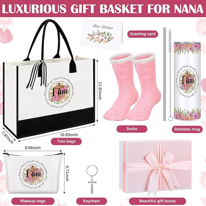 Paterr 7 Pcs Christian Gift for Women Include 20 oz Stainless Steel Tumbler Inspirational Religious Tote Bag Makeup Bag Socks Keychain Thank You Card Christian Birthday Gifts for Women(I Am)