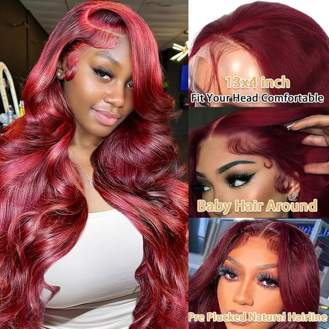 99J Burgundy Lace Front Wigs Human Hair Body Wave 180 Density HD Transparent Lace Frontal Wig for Black Women Glueless Burgundy 13x4 Lace Front Wig Pre Plucked with Baby Hair 24Inch