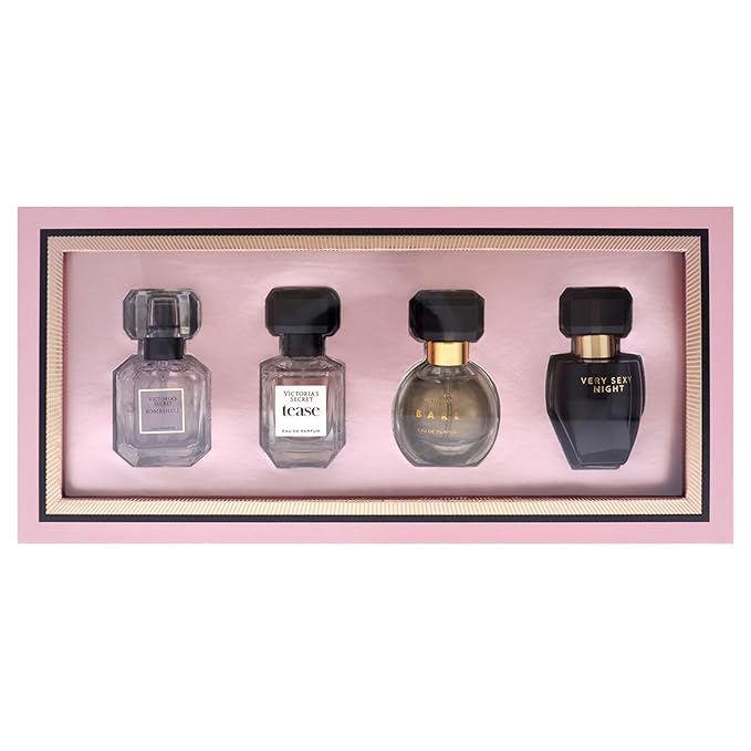 Victoria's Secret Fragrance Discovery Set for Women - 4 Pc Mini Gift Set with Bombshell, Tease, Bare, and Very Sexy Night EDP Sprays (0.25oz Each)