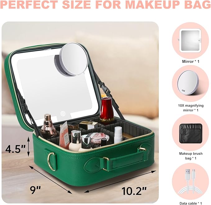 Mocado Travel Makeup Bag with LED Lighted Mirror,Travel Makeup Organizer,Makeup Case with 3 Color Lighted Setting and 10x Magnifying Mirror,Portable Storage and Adjustable Dividers Makeup Box(Green)
